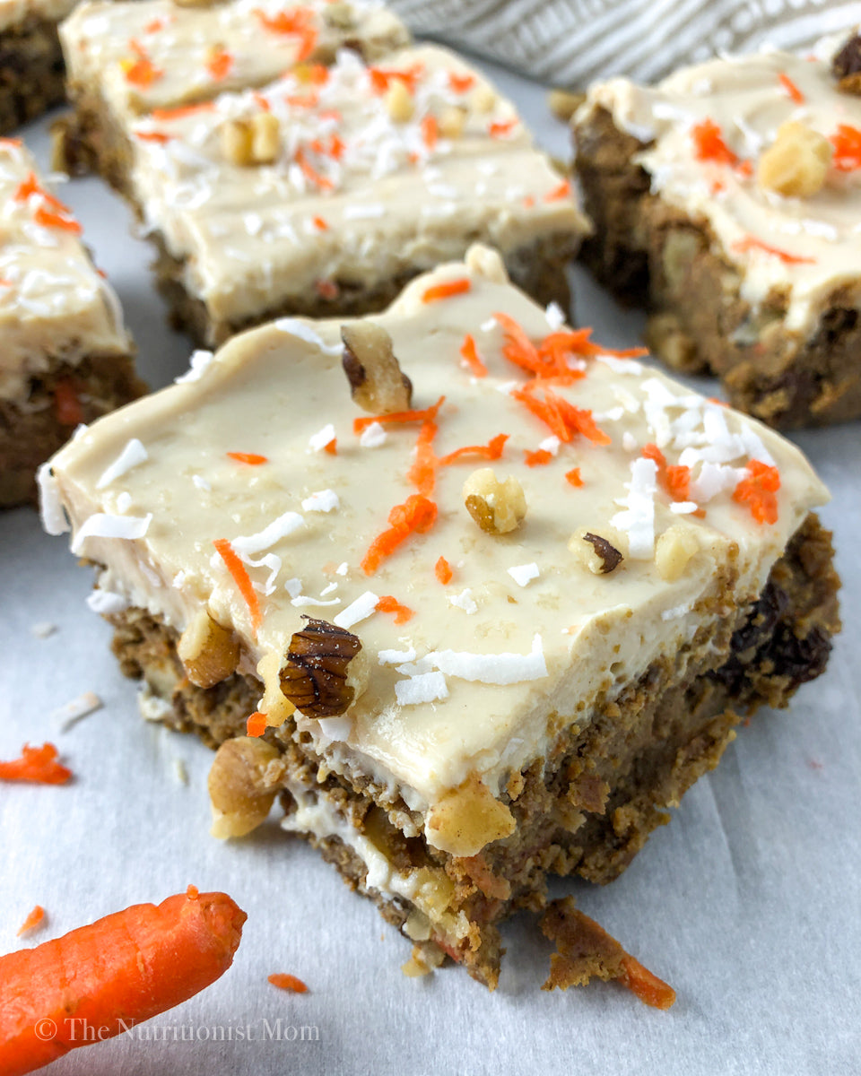 PROTEIN CARROT CAKE BARS WITH MAPLE FROSTING (VEGAN)